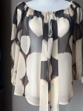 Diane Von Furstenberg Cream and Black Heart-Print Sheer Peasant Blouse